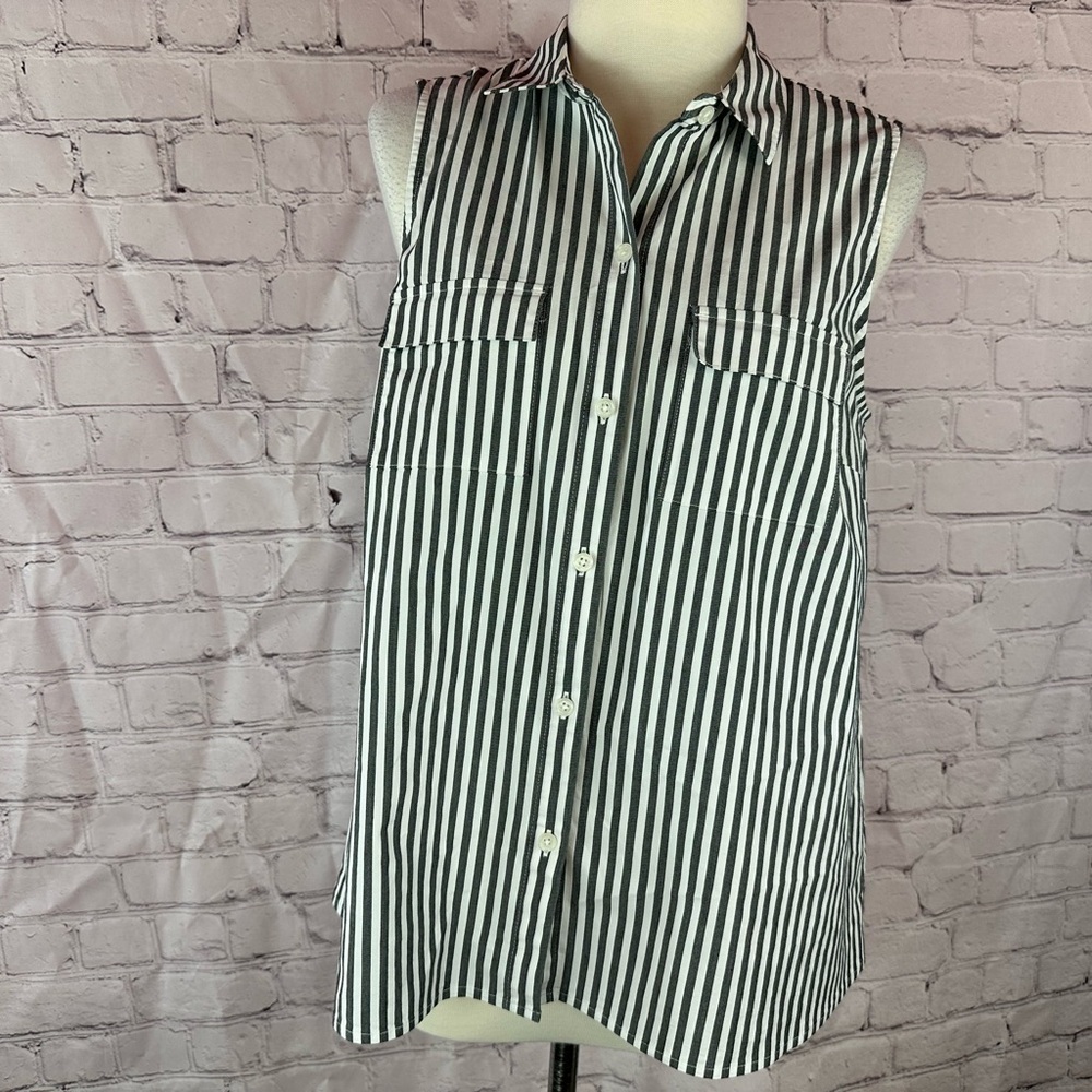 j. jill grey White Striped Sleeveless Blouse womens M minimalist preppy beach